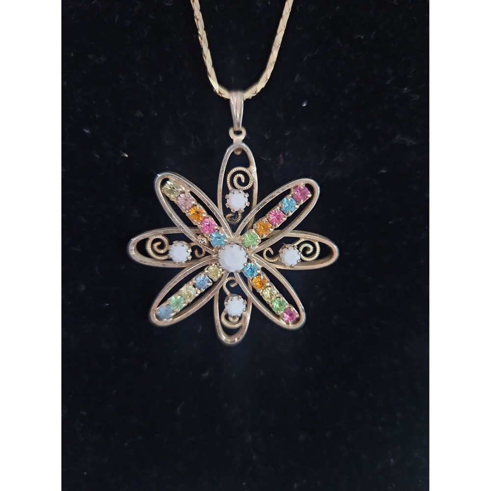 Vintage Mid Century Floral Pendant Rhinestones White Glass Filagree Unmarked